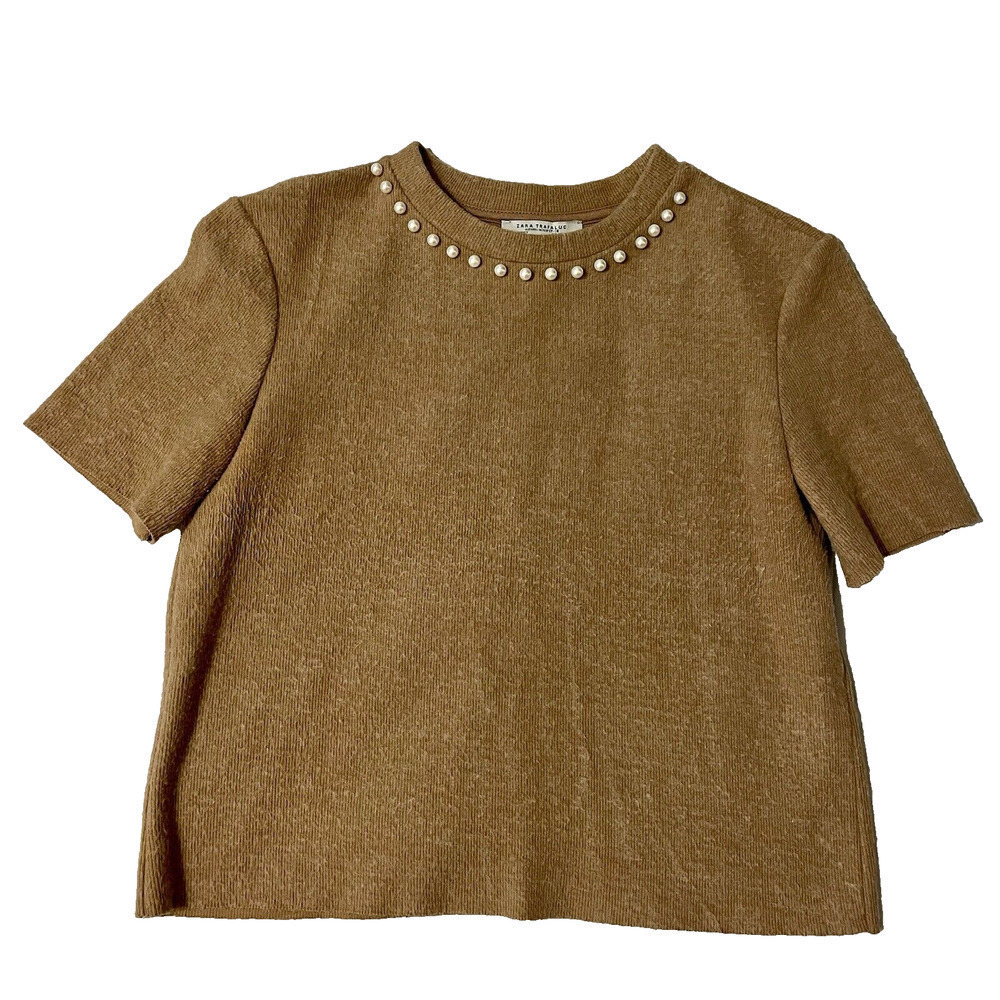 Zara Trafaluc Pearl Beaded Cropped Sweater Top Size Small Brown Short Sl…